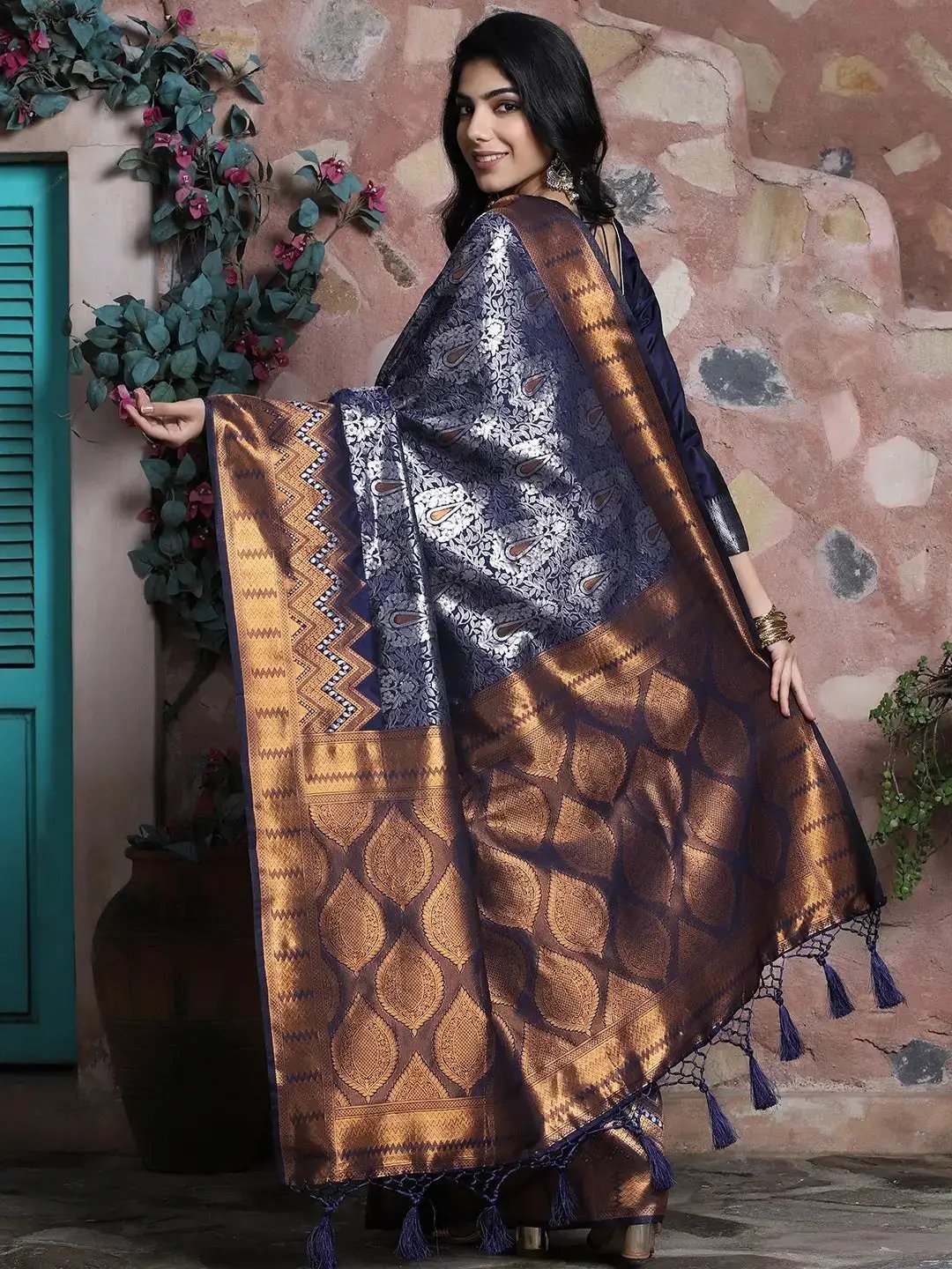 Navy Colour Kanjivaram Silk Saree With Zari Work by My Store