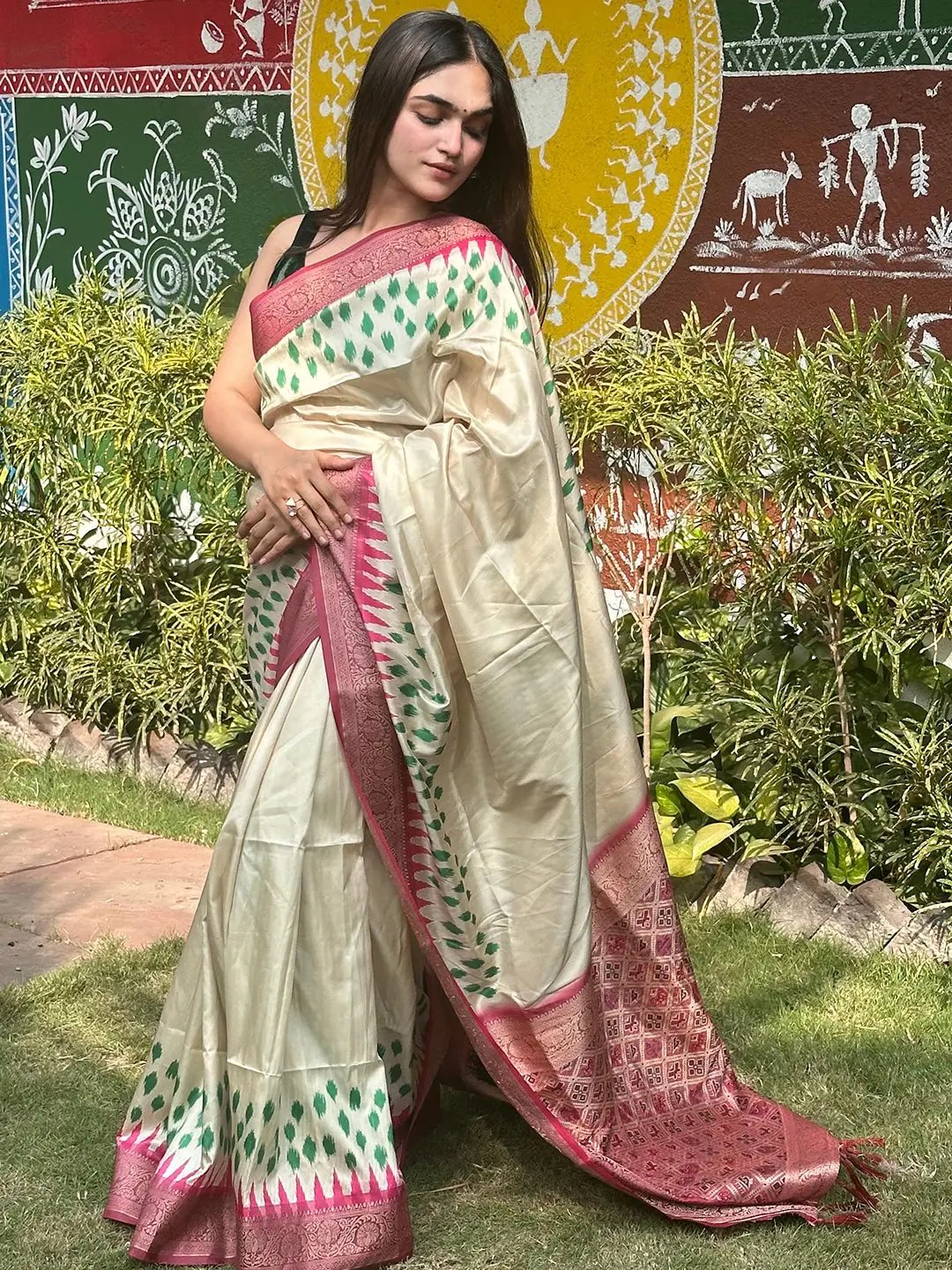 Pure Banarasi Soft Silk With Patola Pallu on Saree in Cream Colour by My Store