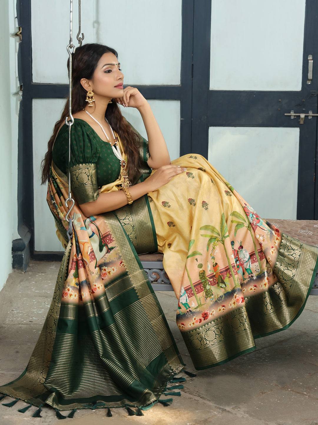 Viscose Dola Silk Yellow Colour Saree with Floral and Mughal Print - Luxe