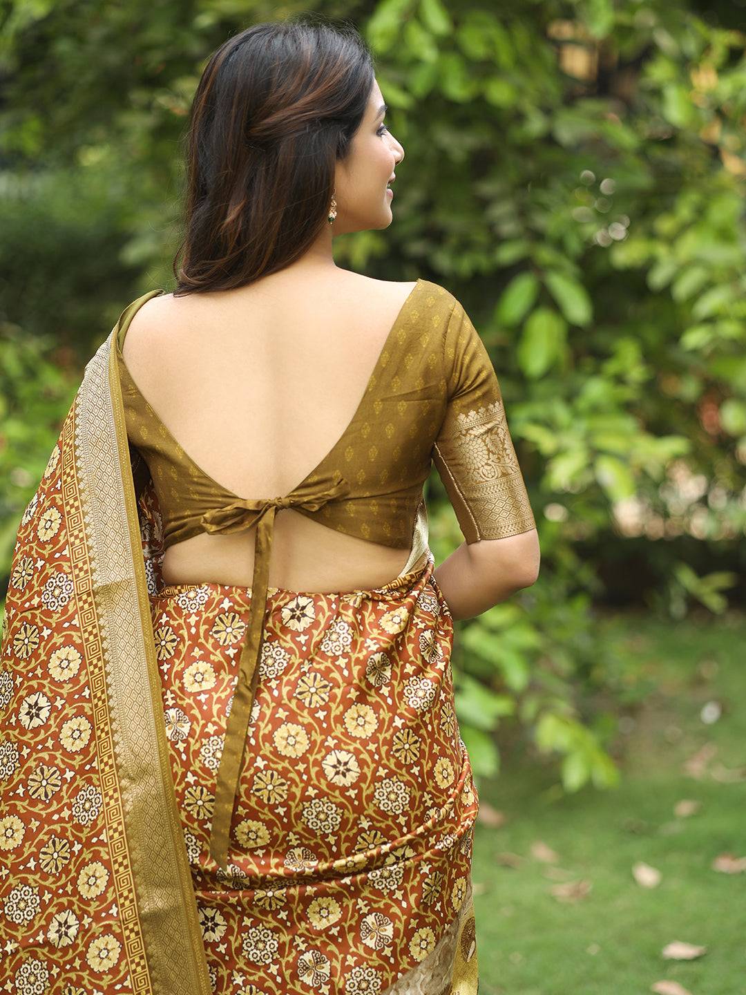 Brown Ajrak Block & Hand Kalamkari Printed Pure Viscose Dola Silk Saree - Luxe by My Store
