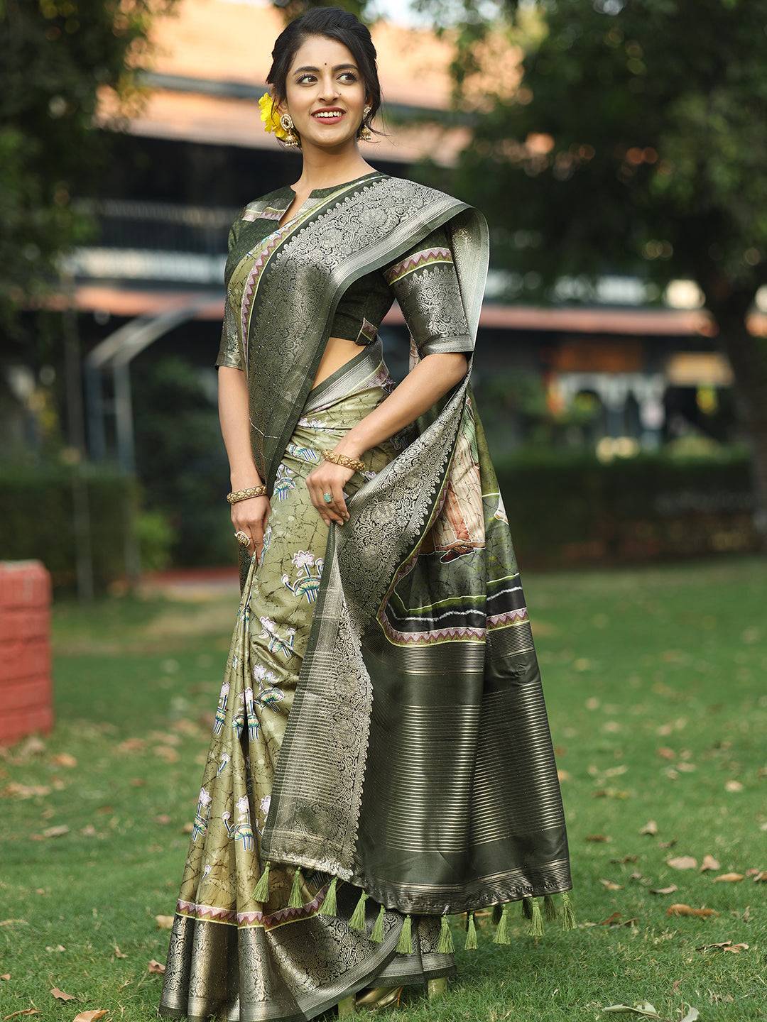 Green Colour Batik Pen kalamkari Saree With Zari Weaving Pallu - Luxe by My Store