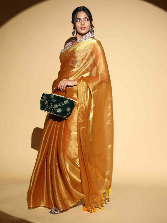 Gold Colour Chiffon Dual Tone Party Wear Design Saree by My Store