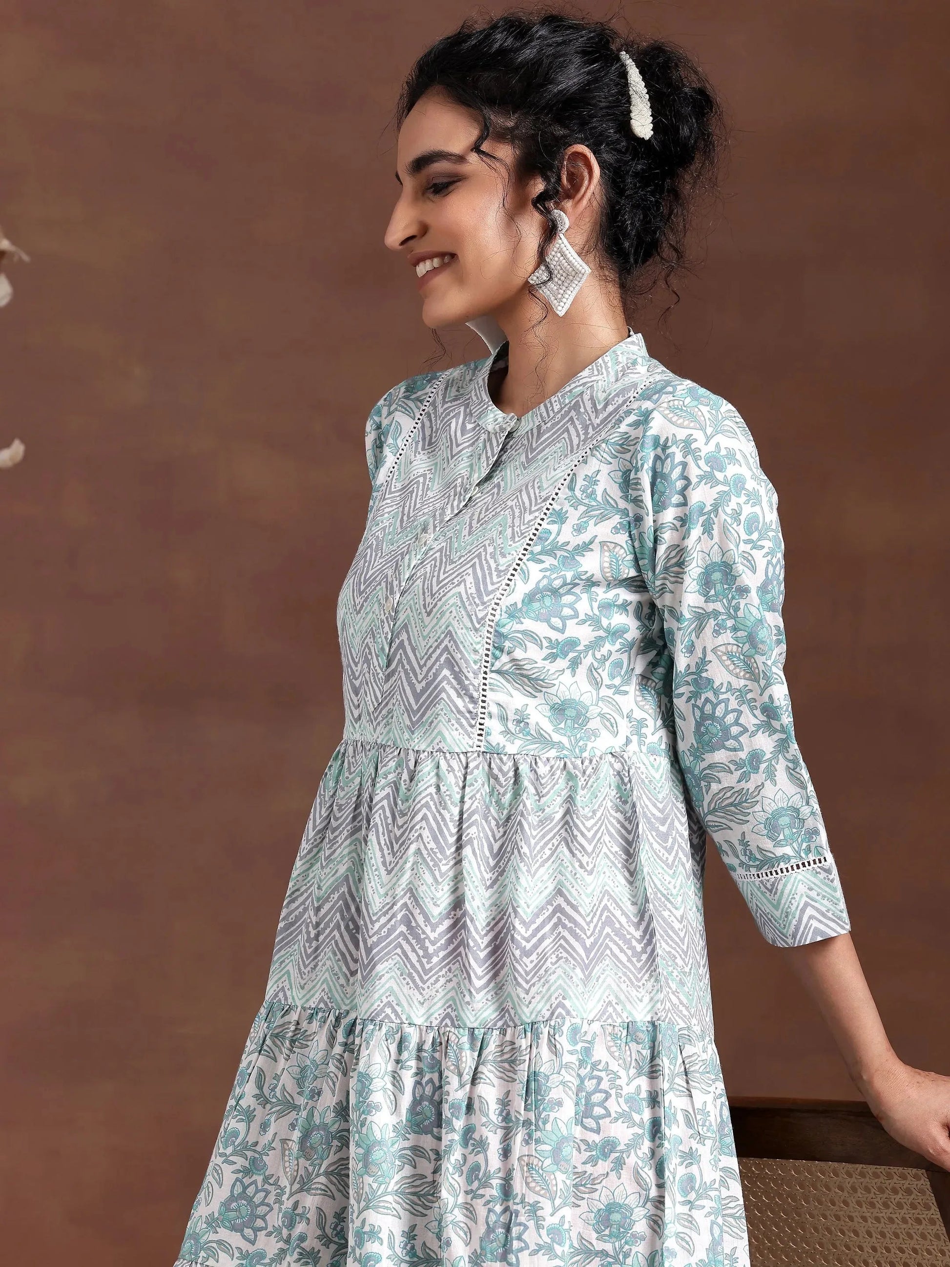 Off White Printed Cotton A-Line Dress by My Store