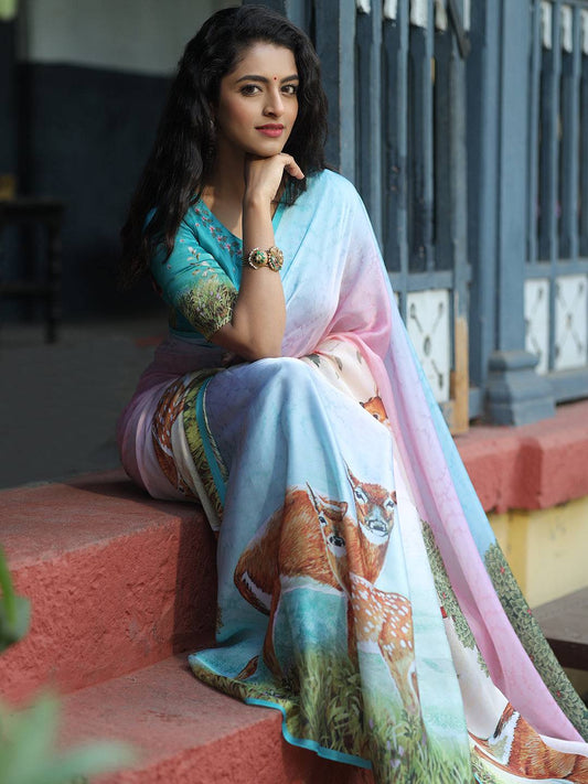 Satin Georgette Multi Colour Hand Print Saree - Luxe by My Store
