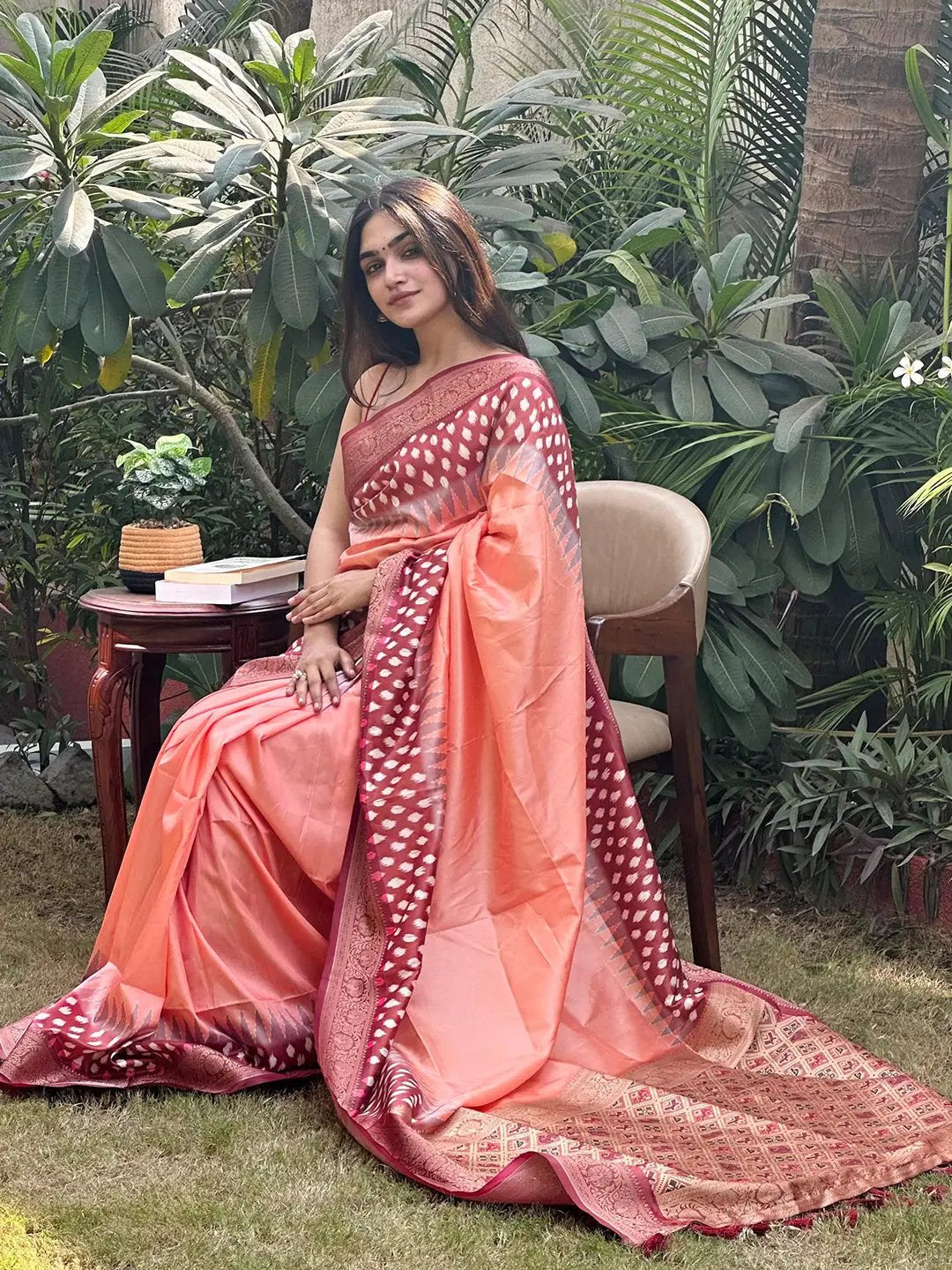 Pure Banarasi Soft Silk With Patola Pallu on Saree in Peach Colour by My Store