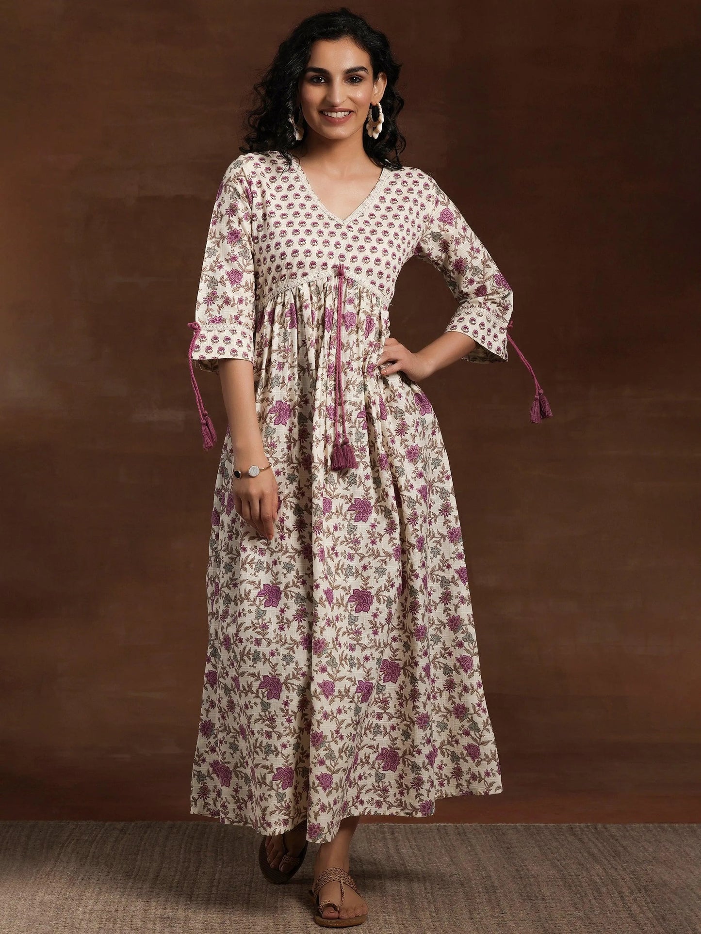 Off White Printed Cotton Fit and Flare Dress by My Store