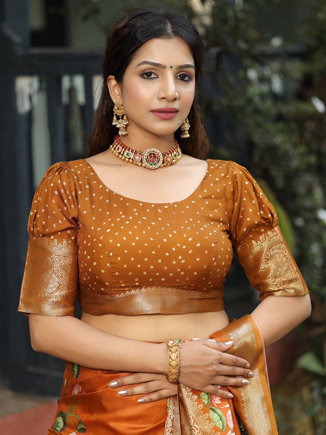 Viscose Dola Silk Orange Colour Saree with Floral and Mughal Print - Luxe