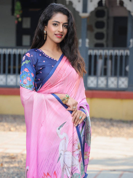 Satin Georgette Dark Pink Colour Hand Print Saree - Luxe by My Store