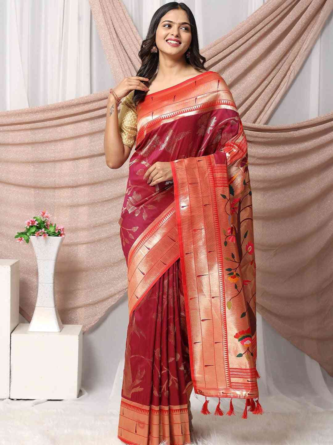 Maroon Paithani Silk Blend Saree by My Store