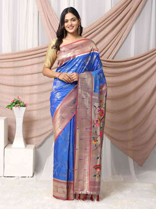 Silk Blend Woven Zari Work Paithani Saree In Blue Colour by My Store