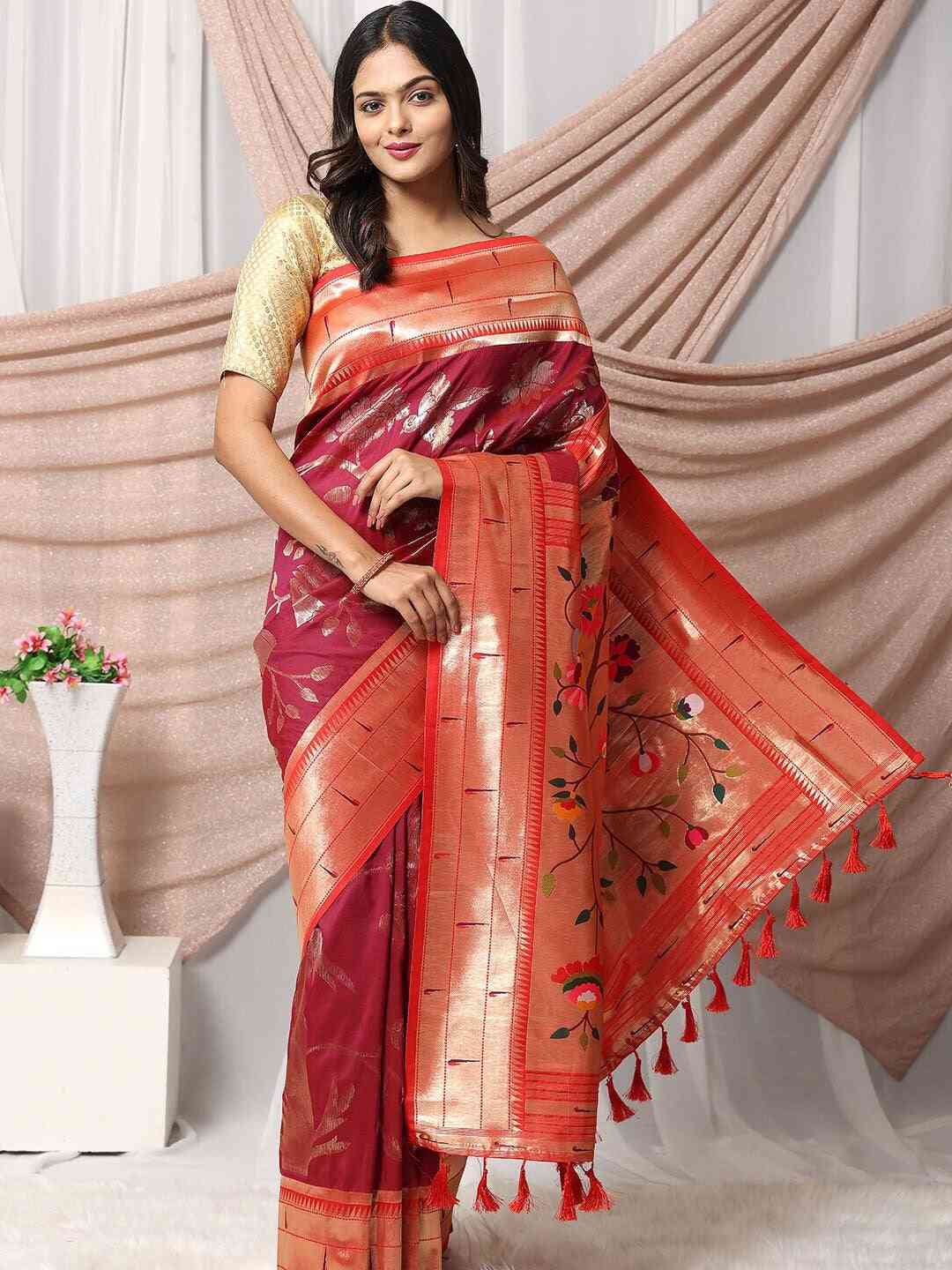 Maroon Paithani Silk Blend Saree by My Store