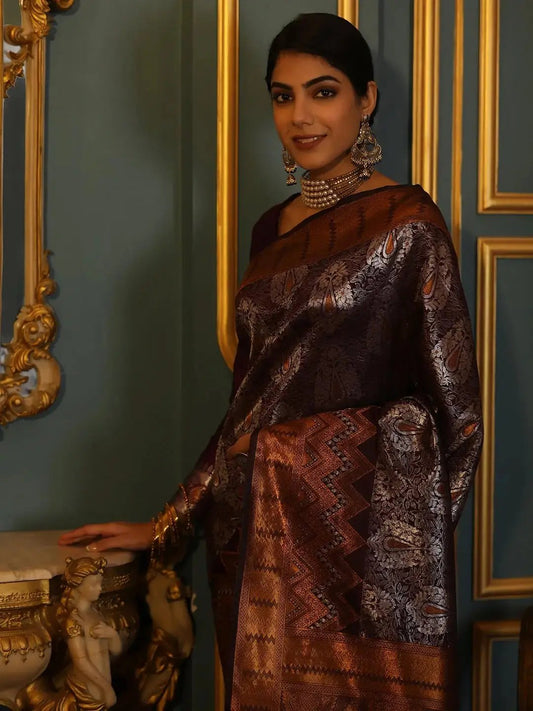 Wine Colour Kanjivaram Silk Saree With Zari Work