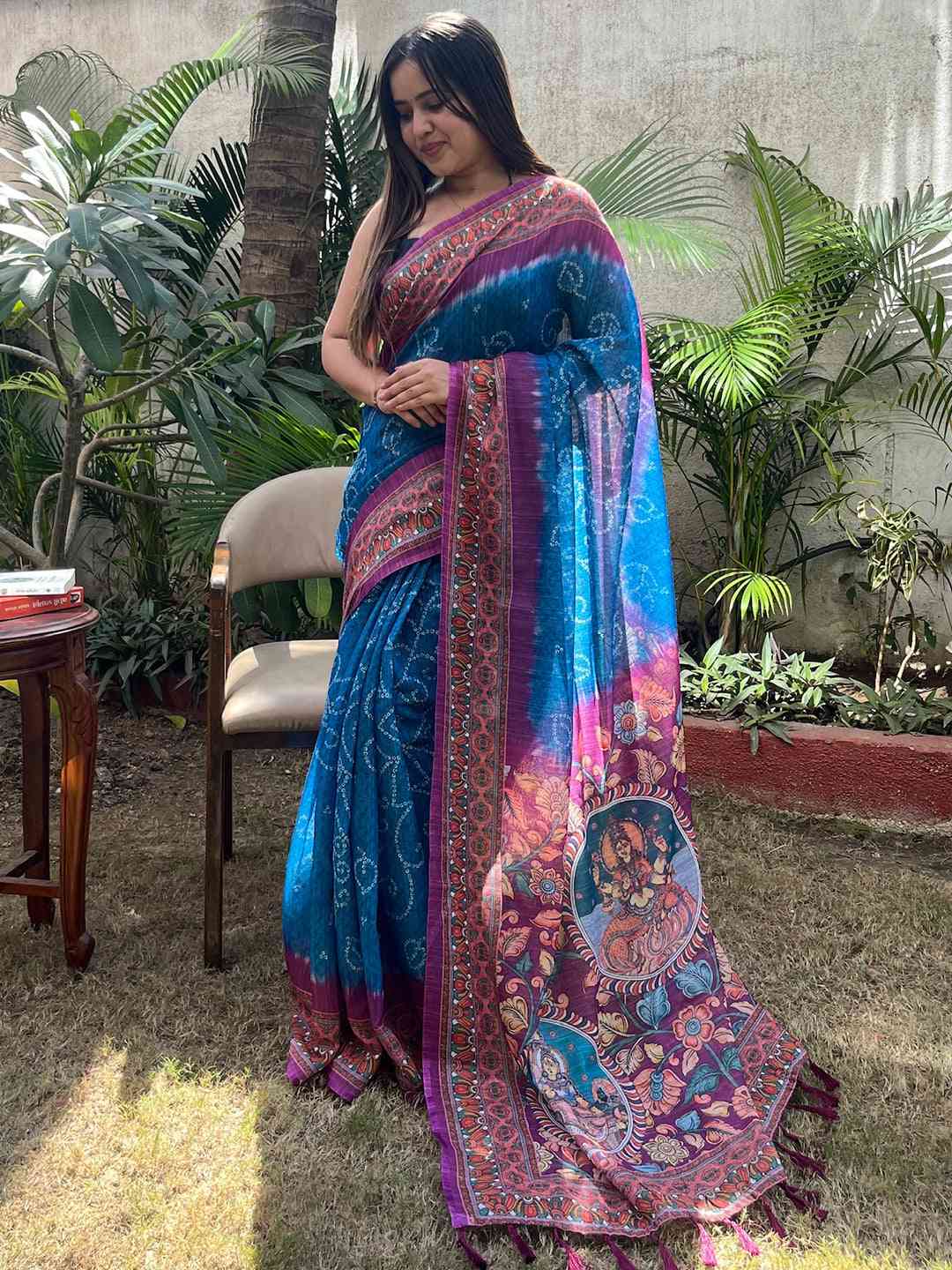 Blue Colour Design Linen Saree with Bandhej and kalamkari Digital Print
