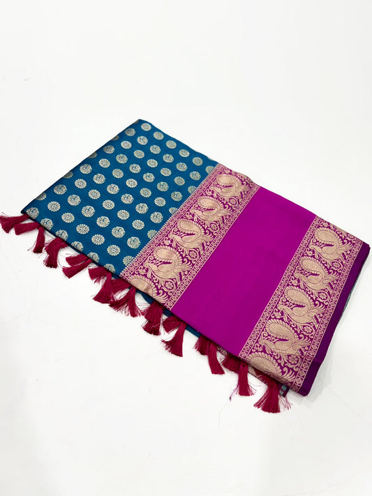 Rama Banarasi Silver Buttas Zari Weaving Saree by My Store