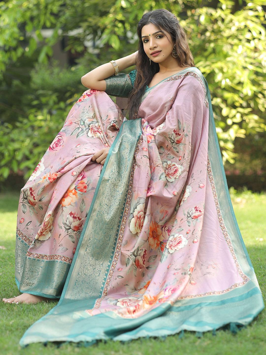 Light Pink Colour Phulkari Design Zari Weaving Pallu Saree - Luxe by My Store