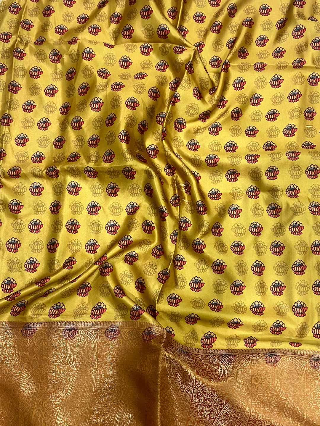 Lemon Yellow Cherry Satin Kalamkari Saree by My Store