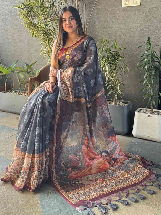 Grey Colour Block Print Saree With kalamkari Print Pallu by My Store