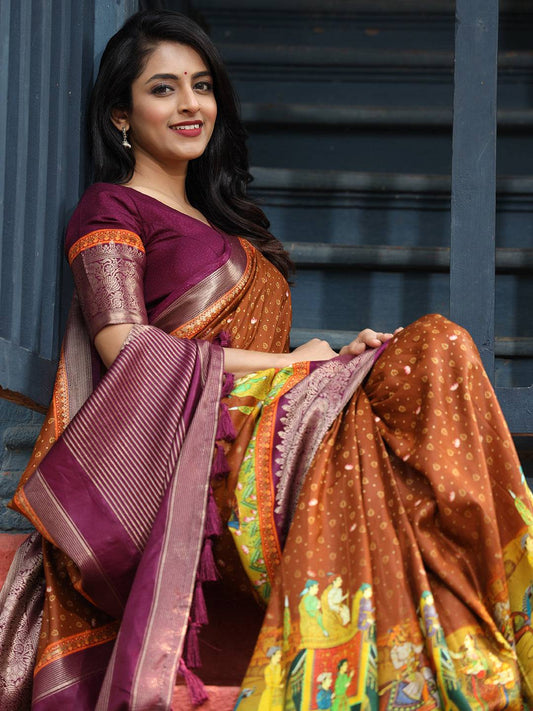 Brown Pure Viscose Dola Silk Saree with Exquisite Bhandhej Print - Luxe by My Store