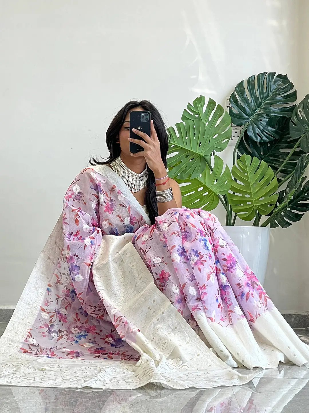 Multi Colour Digital Print Bollywood Saree in Lakhnavi Slub Pattern by My Store