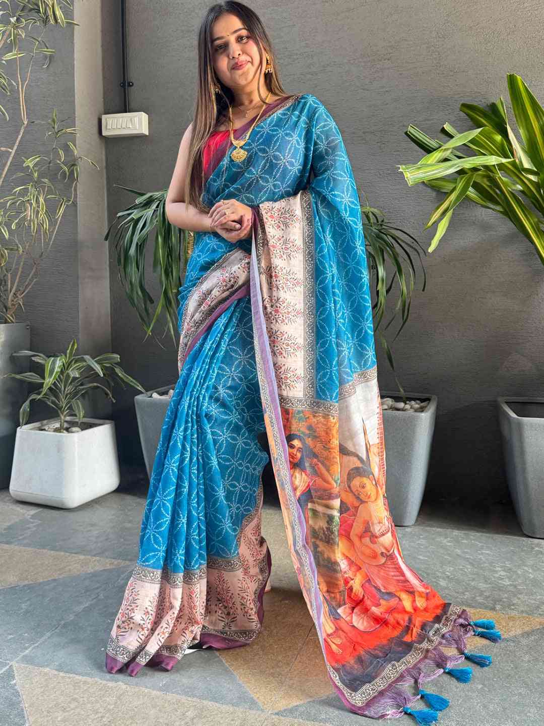 Blue Colour Geometric Print Saree With kalamkari Print Design