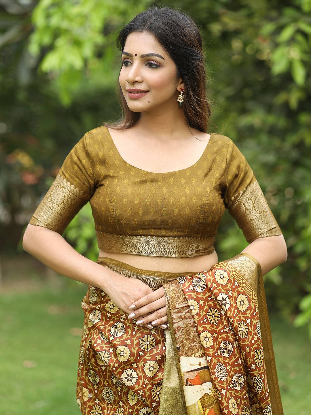 Brown Ajrak Block & Hand Kalamkari Printed Pure Viscose Dola Silk Saree - Luxe by My Store
