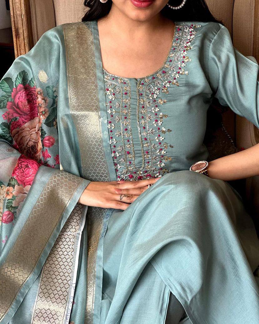 Readymade Viscos Blue Kurta Set