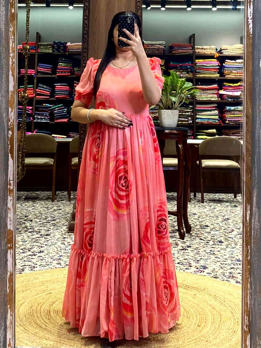 Coral Floral Georgette Dress by My Store