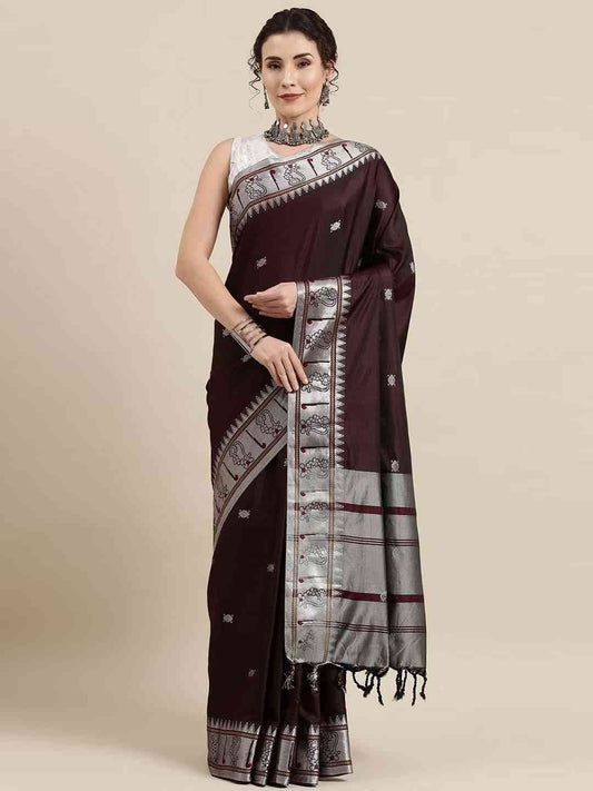 Brown Zari Silk Cotton Paithani Saree by My Store
