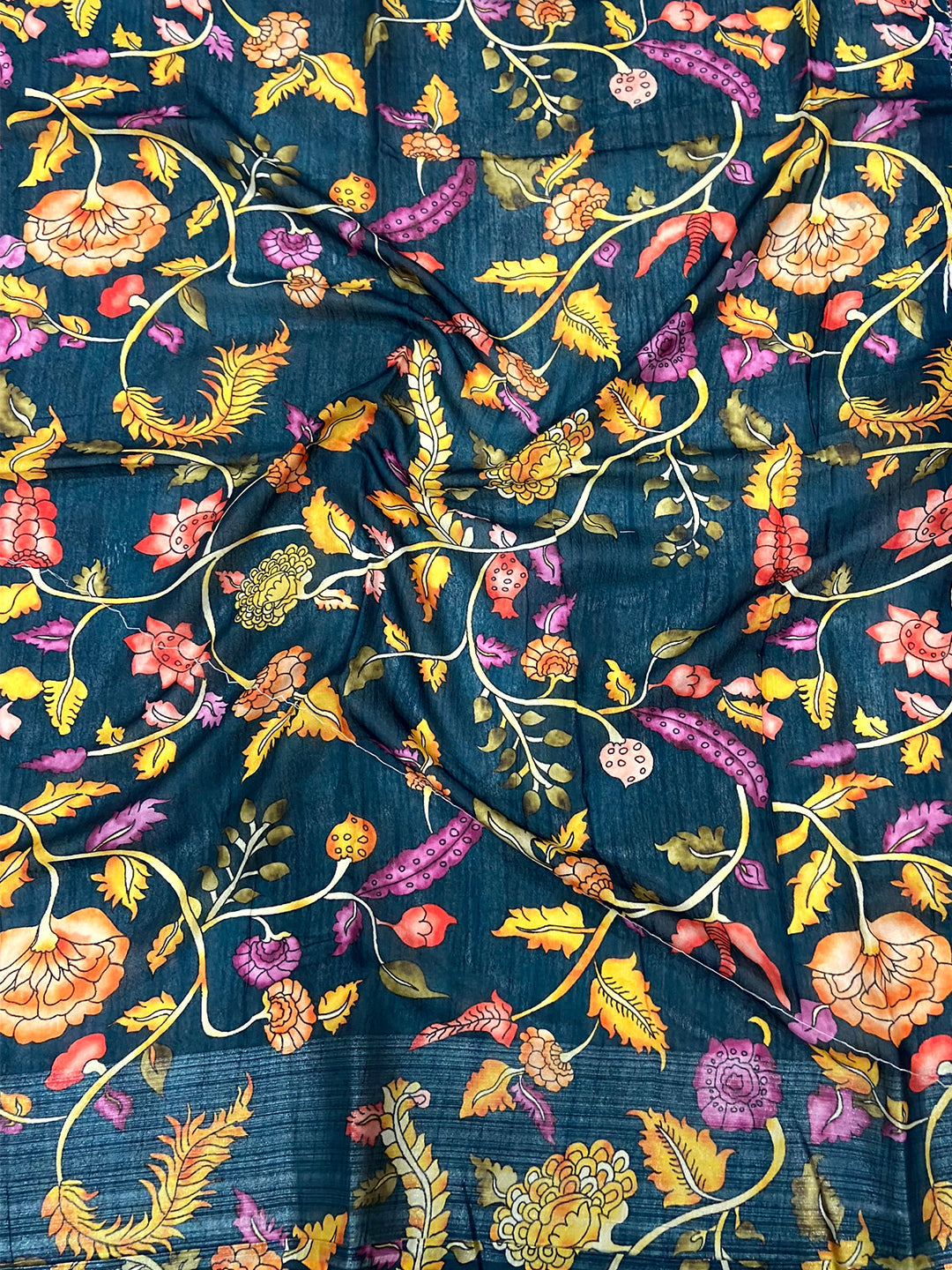 Red Linen Kalamkari Print Saree by My Store