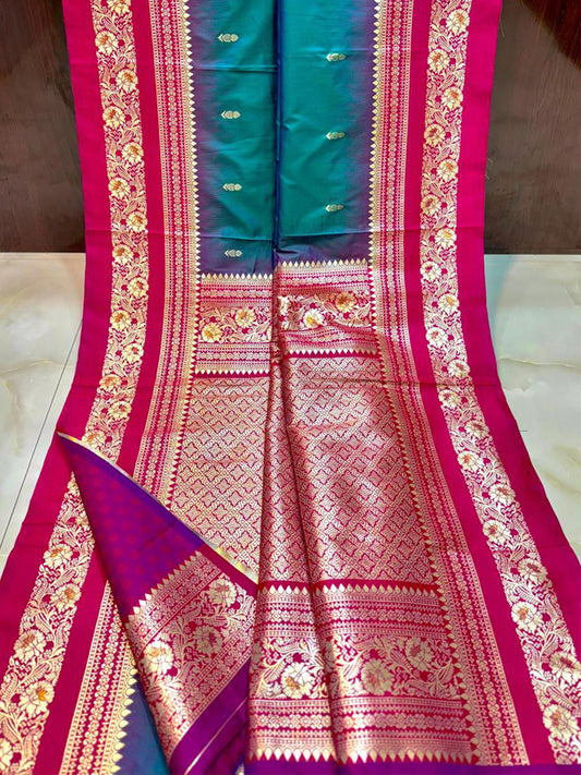 Gold Zari Woven Teal Soft Silk Saree by My Store