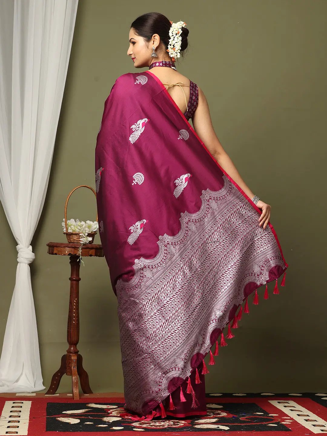 Wine Colour Banarasi Katan Silk Kanchi Zari Weaving Saree