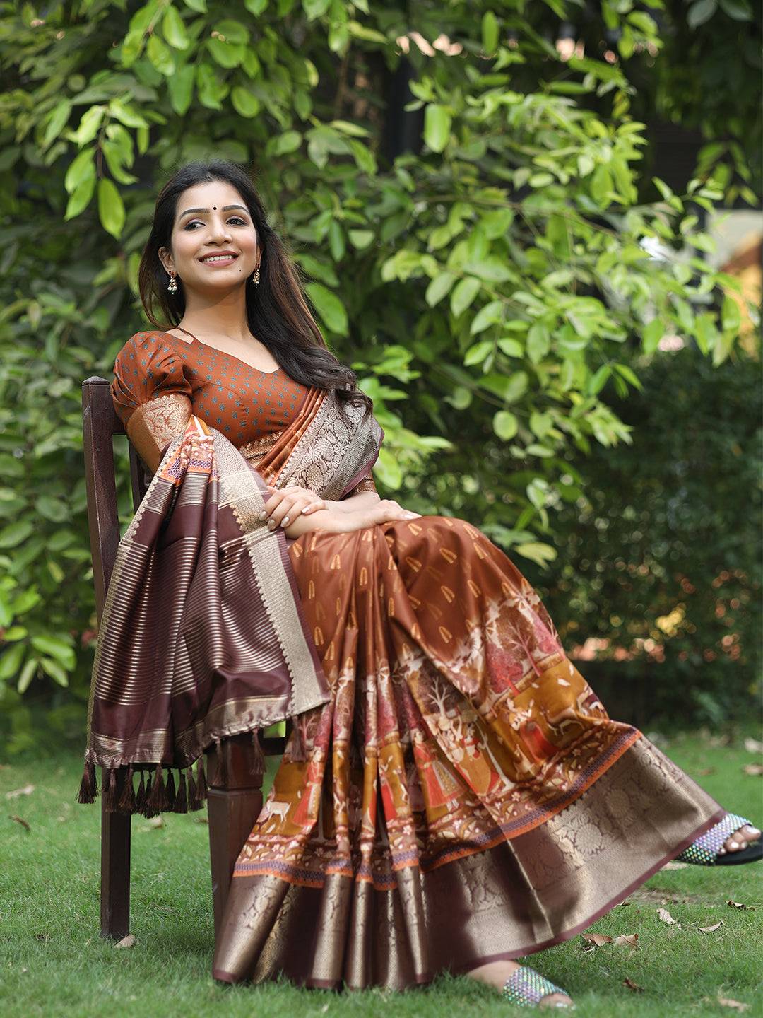 Coffee Brown Hand Kalamkari Printed Pure Viscose Dola Silk Saree - Luxe by My Store