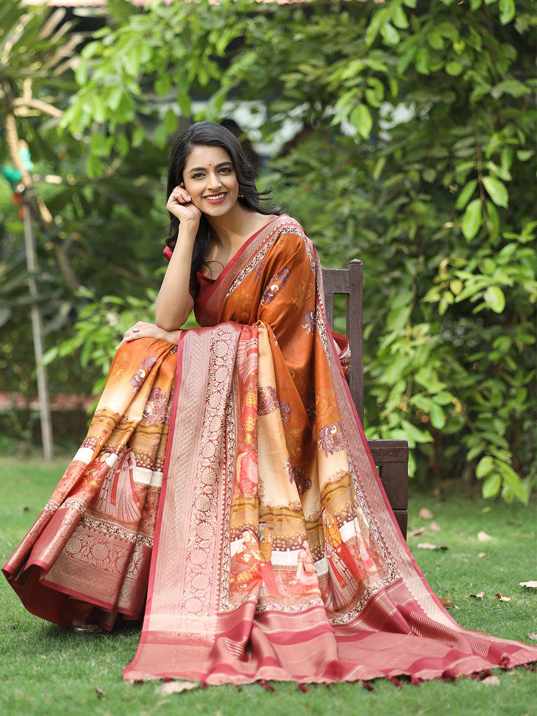 Orange Hand Kalamkari Printed Pure Viscose Dola Silk Saree - Luxe by My Store