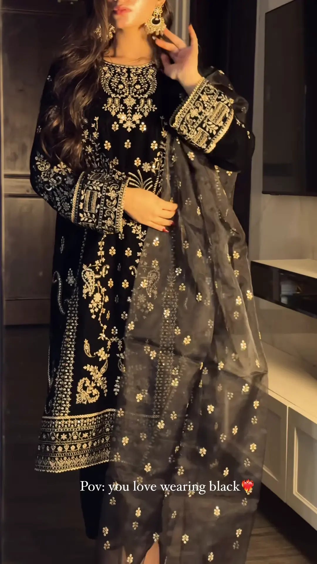 Black Embroidered Kurta Set with Organza Dupatta - My Store