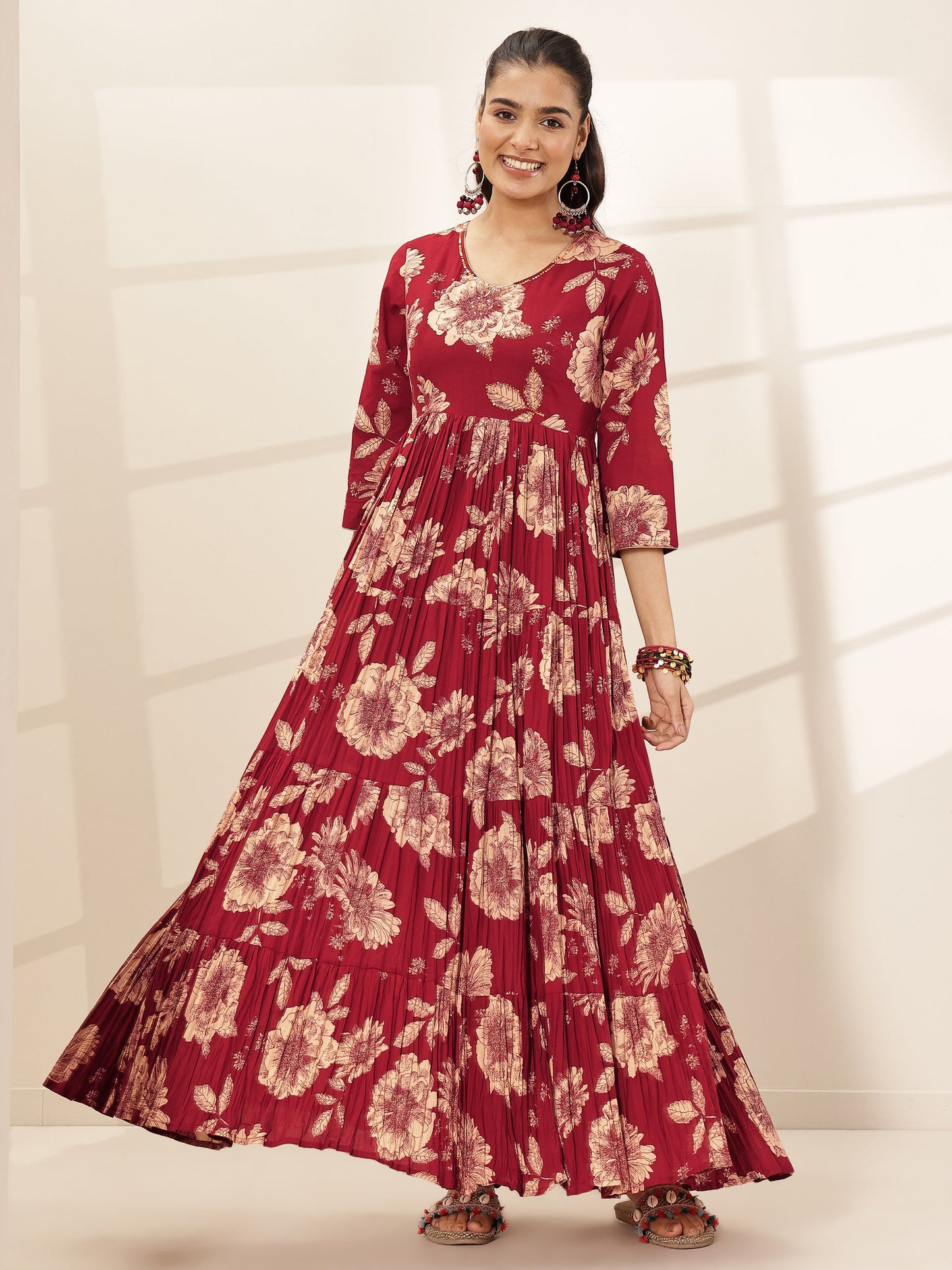 Maroon Printed Cotton Blend Fit and Flared One Piece Dress by My Store