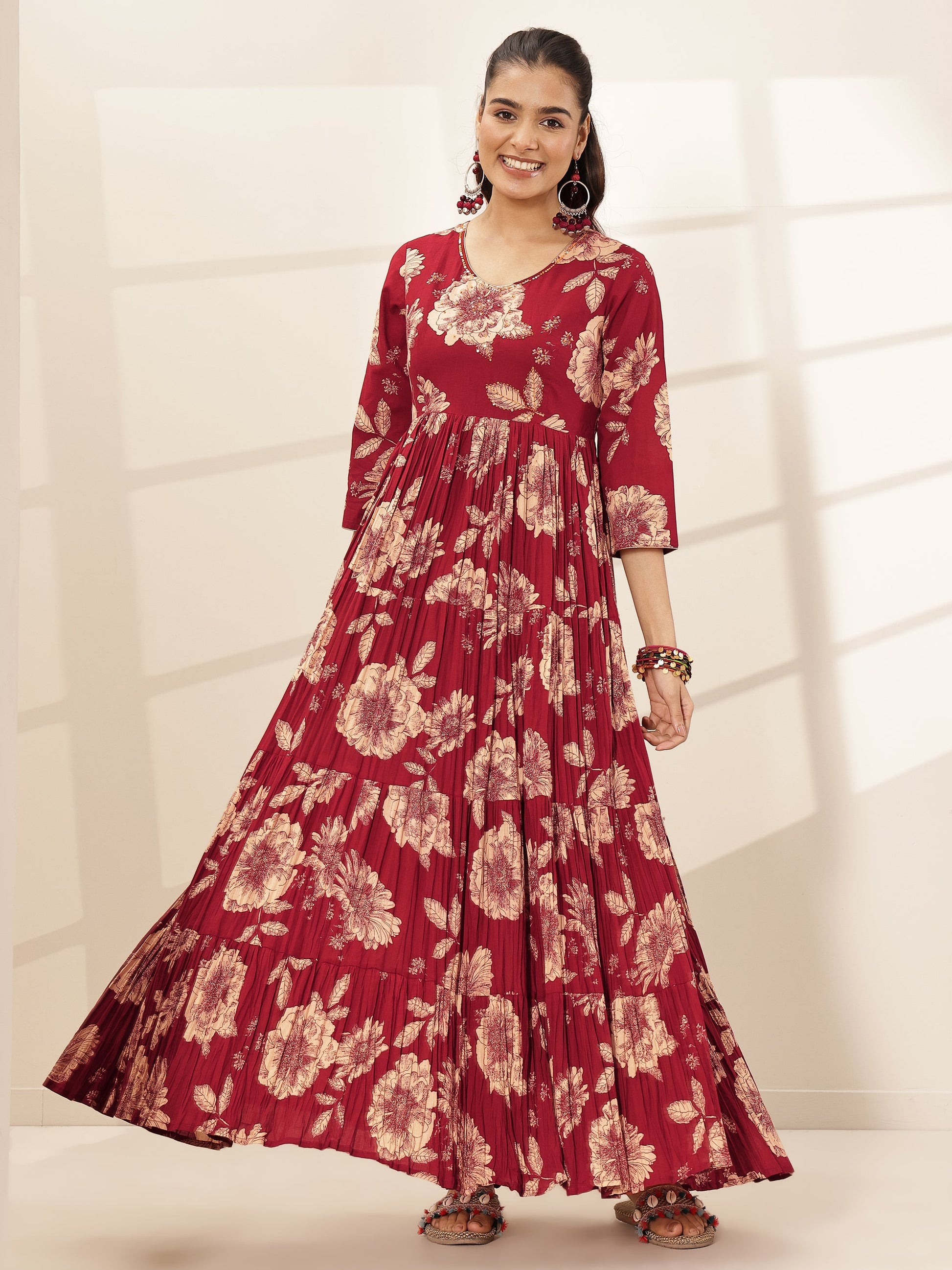 Maroon Printed Cotton Blend Fit and Flared One Piece Dress by My Store