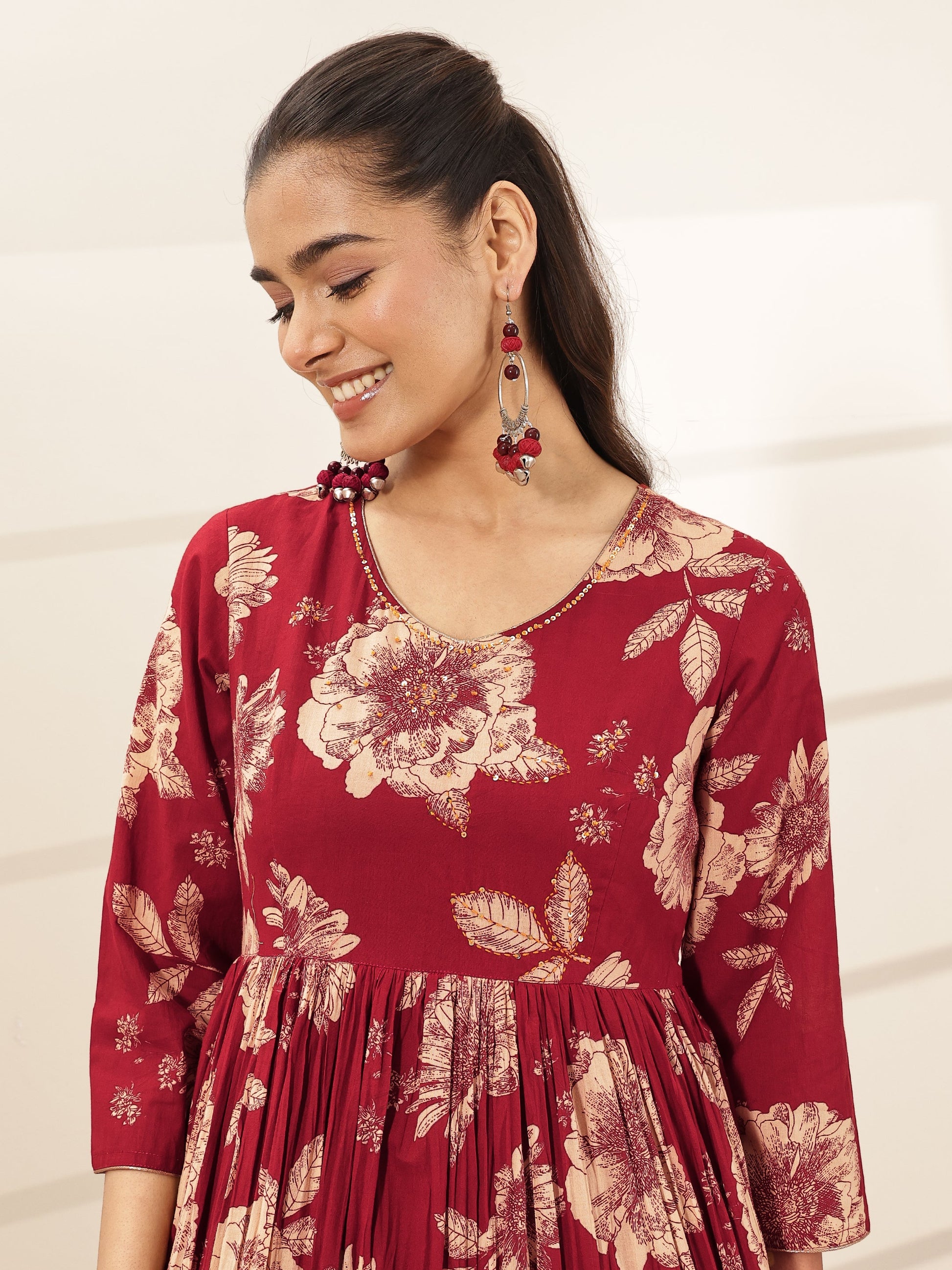 Maroon Printed Cotton Blend Fit and Flared One Piece Dress by My Store