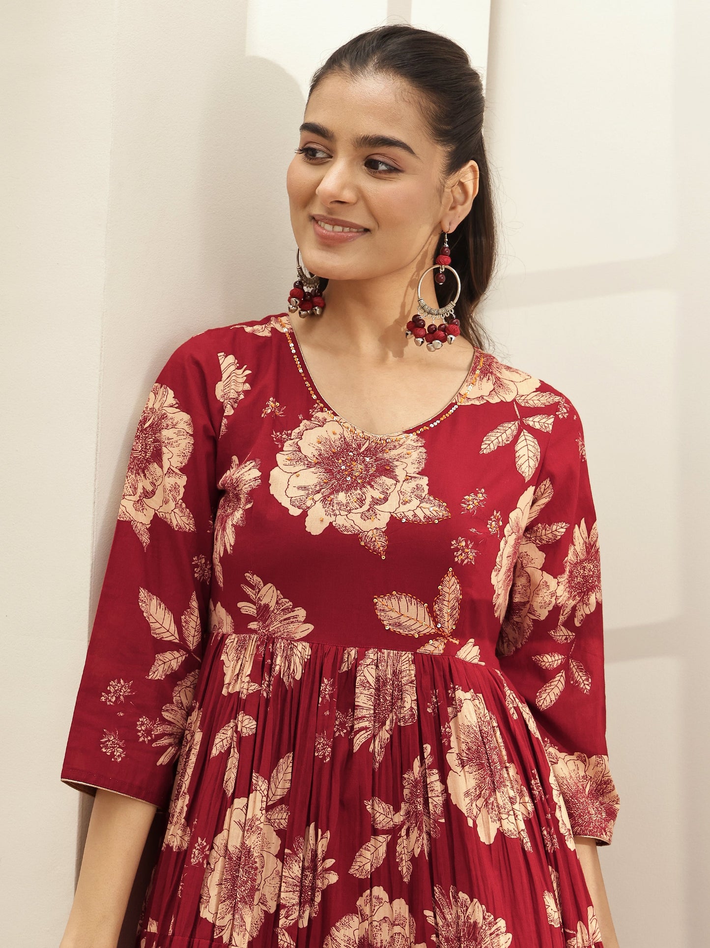 Maroon Printed Cotton Blend Fit and Flared One Piece Dress by My Store