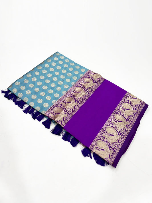 Radiant Rama Banarasi Silver Buttas Zari Weaving Saree by My Store