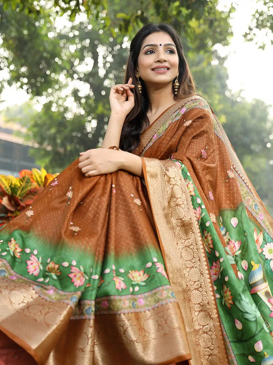 Brown Colour Pure Viscose Dola Silk Saree with Pichwai Kalamkari Print - Luxe by My Store