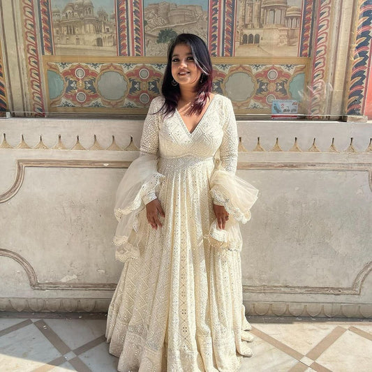 White Lakhnawi Embroidered Georgette Fully Stitched Long Anarkali Suit Set by My Store