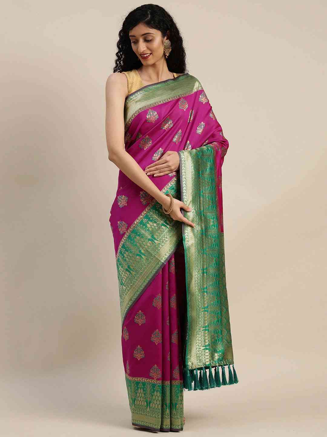 Banarasi Silk Rani Colour Woven Design Print Saree by My Store