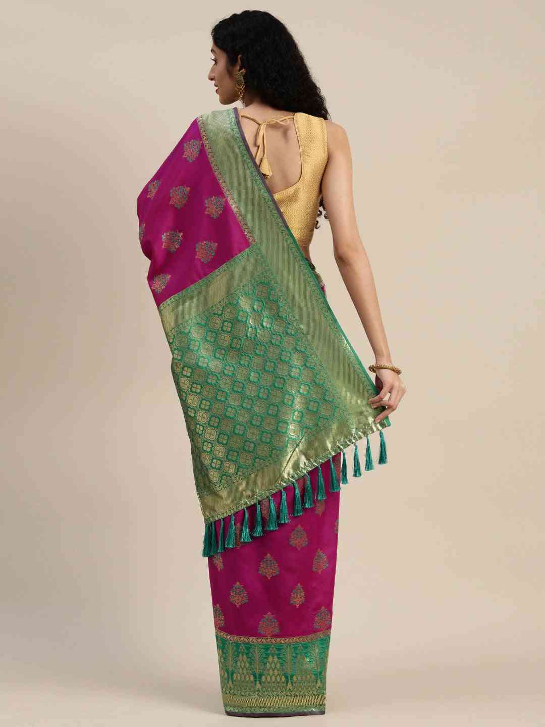Banarasi Silk Rani Colour Woven Design Print Saree by My Store