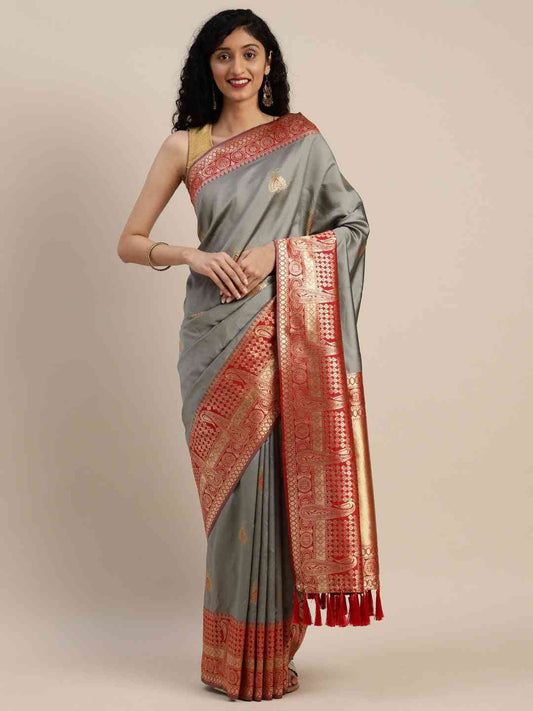Banarasi Silk Grey Colour Woven Design Ethnic Motifs Saree