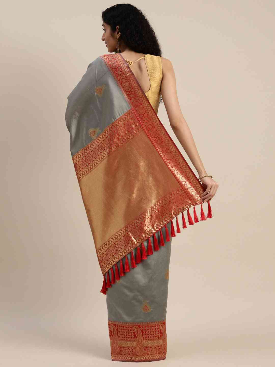 Banarasi Silk Grey Colour Woven Design Ethnic Motifs Saree