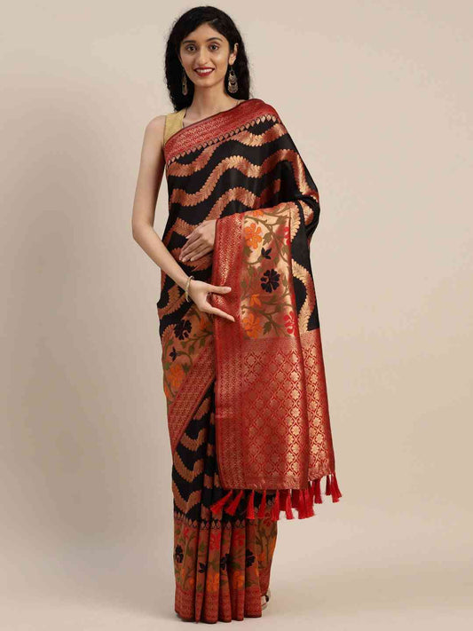 Banarasi Geometric Printed Black Colour Zari Silk Saree
