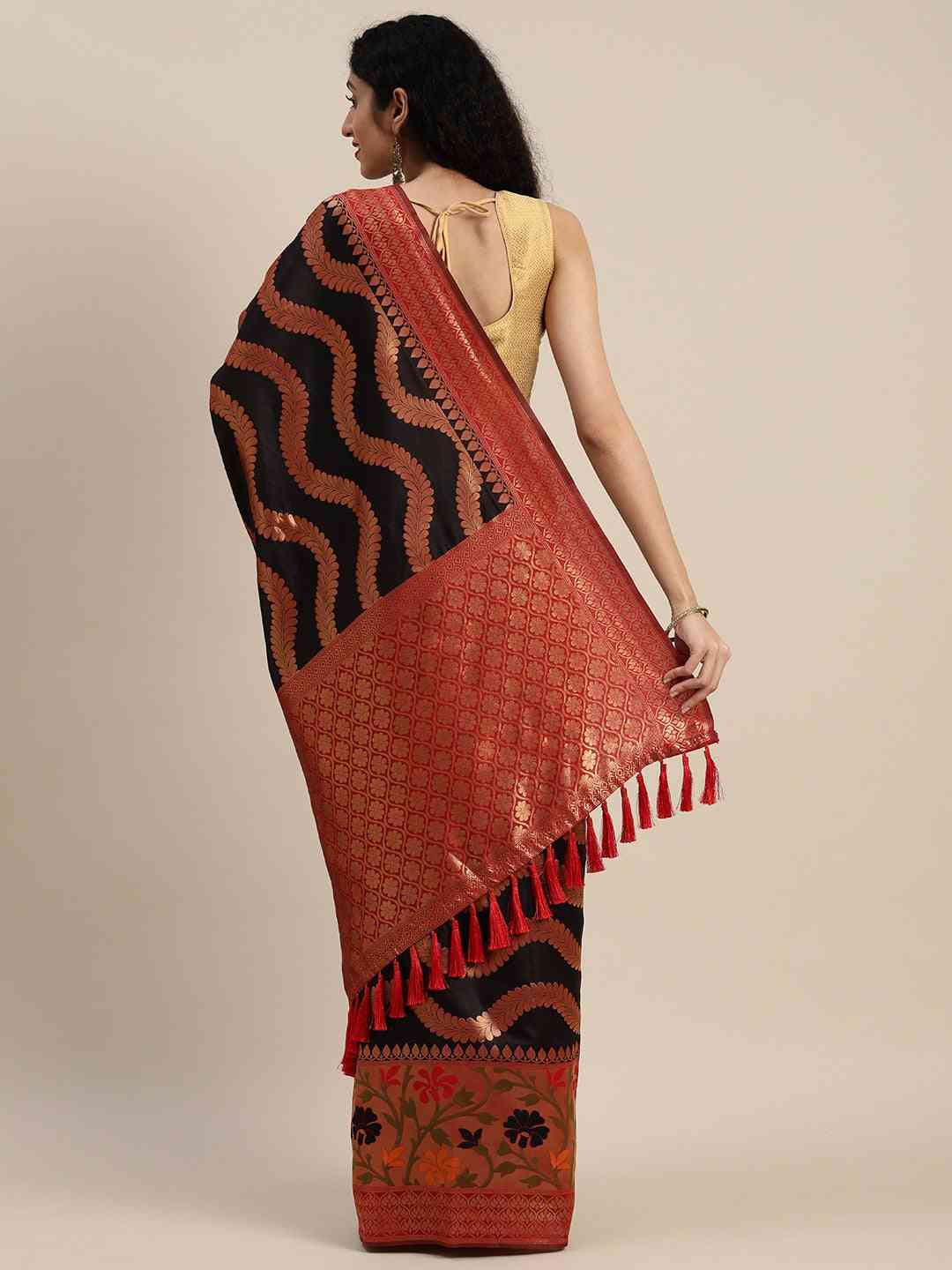 Banarasi Geometric Printed Black Colour Zari Silk Saree