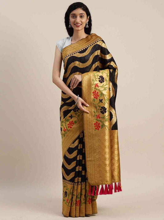 Banarasi Geometric Printed Honey Yellow Colour Zari Silk Saree