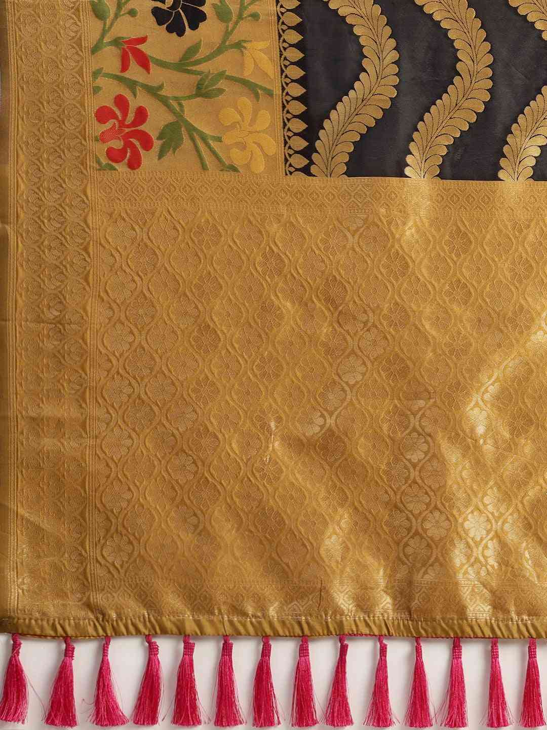 Banarasi Geometric Printed Honey Yellow Colour Zari Silk Saree