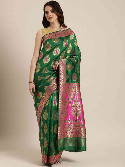 Stylish Green Colour Silk Woven Design Banarasi Saree by My Store